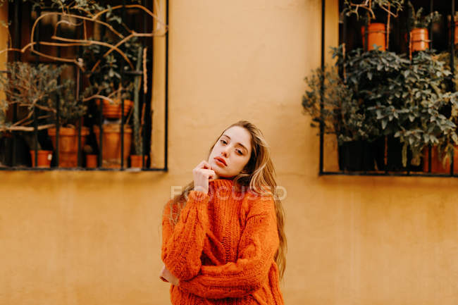 Ragazza sensuale in maglia alla moda maglione toccando mento e guardando in macchina fotografica fuori casa con piante in vaso sulle finestre — Foto stock