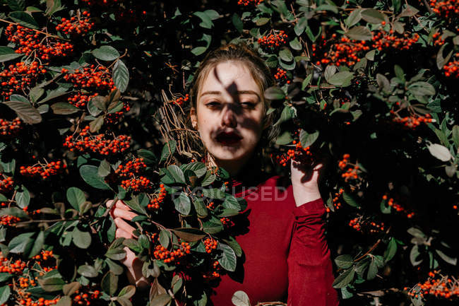 Jovem mulher olhando na câmera como estando em meio a ramos verdes com bagas vermelhas no dia ensolarado no jardim — Fotografia de Stock