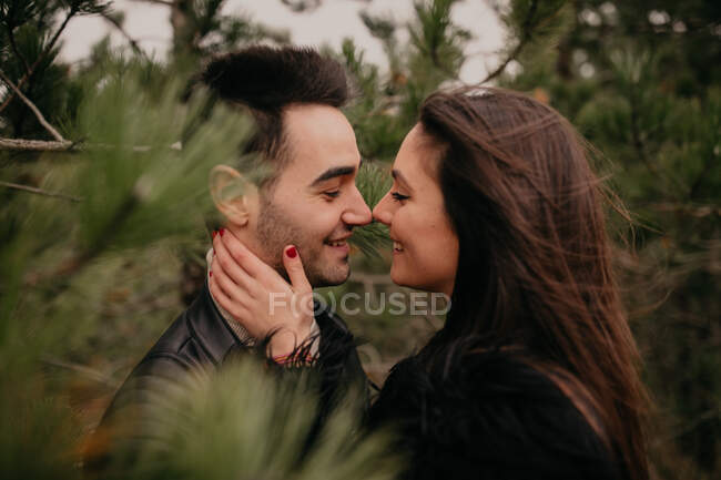 Vista lateral do casal apaixonado com os olhos fechados sorrindo ao abraçar e beijar uns aos outros ao longo de árvores coníferas durante o dia em tempo nublado ventoso — Fotografia de Stock