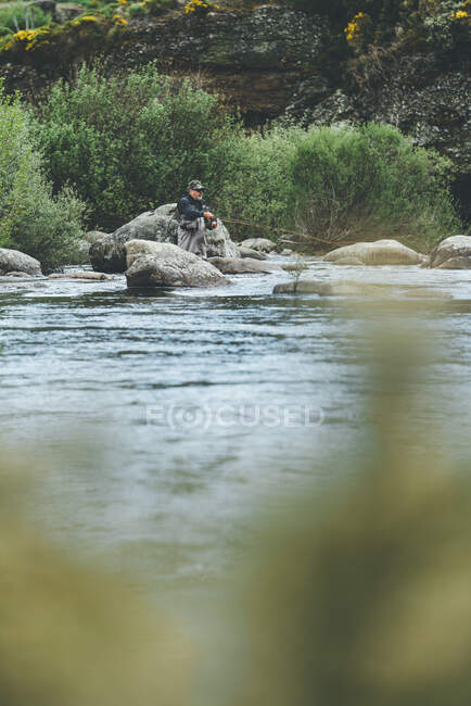 Ausgerüstete Mann harling Fische, während sie im Wasser in Fluss Bach in Gebirgsbach durch Klippen und Wald stehen — Stockfoto