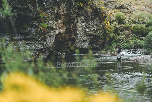 Vista lateral del hombre equipado harling pescado mientras está de pie en vadeadores en torrente de montaña por acantilado y bosque - foto de stock