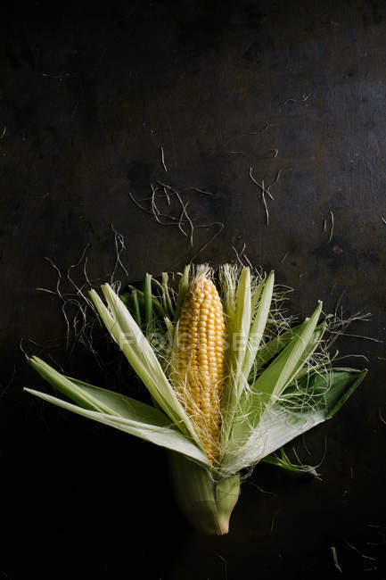 Вид сверху на свежую спелую кукурузу в зеленых листьях на черном столе — стоковое фото