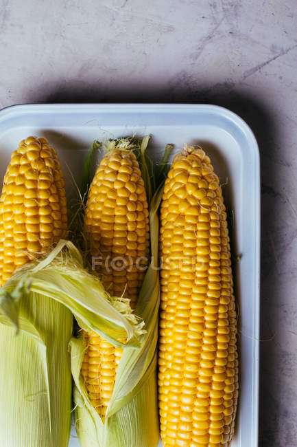 Fresh ripe corn in green leaves on metal tray on marble table — Stock Photo