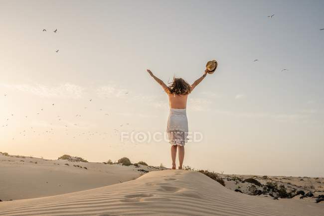 Активна жінка, що стоїть з капелюхом у витягнутих руках у сухій пустелі — стокове фото