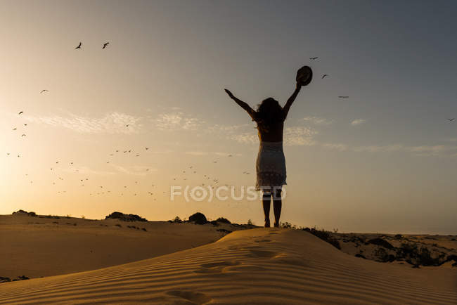 Back view of woman stretching arms and greeting birds in sky with hat in hands standing on sand in Fuerteventura, Spain — Stock Photo