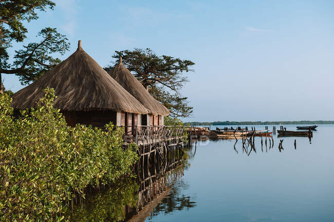 Maisons avec toit de chaume situé près des arbustes et des arbres sur la rive du lac calme avec des bateaux par temps sans nuages en Gambie — Photo de stock
