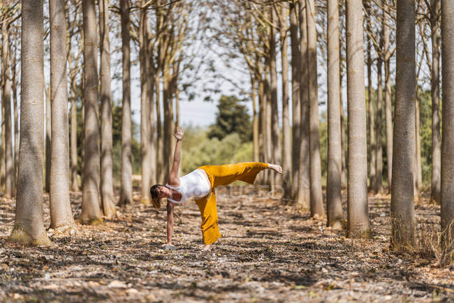 Доросла майбутня мати практикує йогу в парку під час сонячної погоди — стокове фото