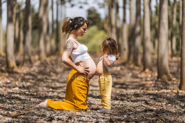 Vista lateral de la mujer embarazada alegre y niña tocando vientres en el claro del bosque de otoño - foto de stock