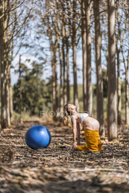 Sereno adulto mulher grávida treinando com bola pilates no parque durante o tempo ensolarado — Fotografia de Stock