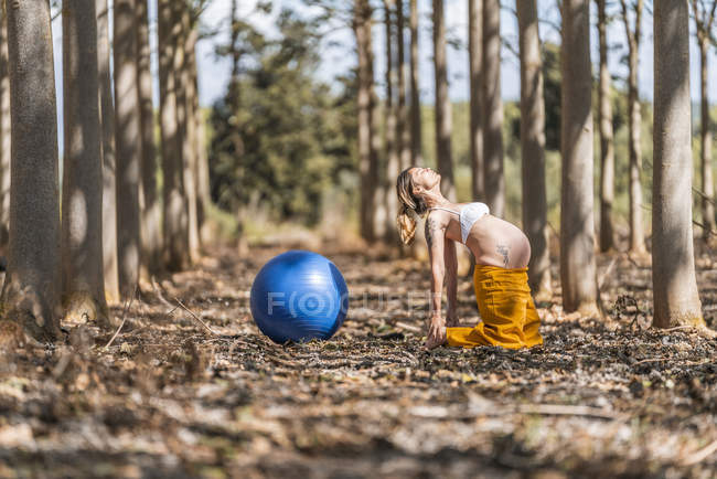 Mulher grávida adulta praticando pilates com bola azul em forma no parque durante o dia ensolarado — Fotografia de Stock