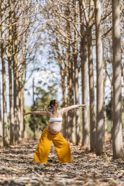Mujer embarazada adulta con camisa blanca y pantalones amarillos de pie con los brazos extendidos y practicando yoga entre los árboles - foto de stock