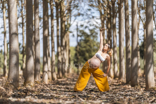 Concentrated adult expectant mother practicing yoga in park — Stock Photo