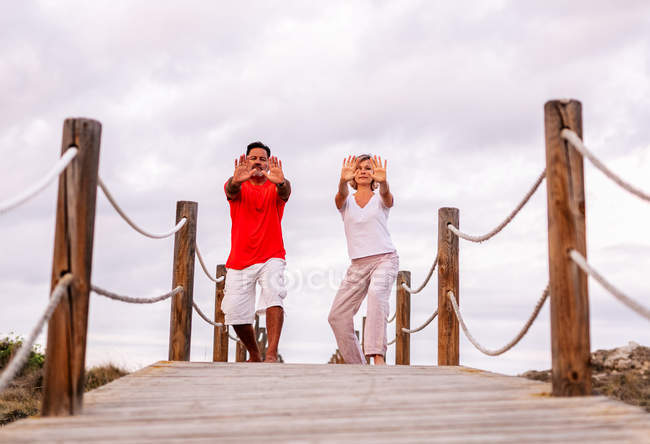 Paar praktiziert Kampfkunst auf Holzpfad — Stockfoto