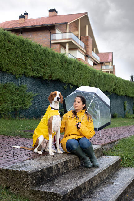 Calm English Pointer in yellow cloak and woman in yellow raincoat with umbrella sitting together at stairs in rainy weather — Stock Photo
