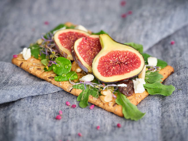 Homemade open sandwich with slices of fig and cheese on rye bread with rocket salad on grey towel — Stock Photo