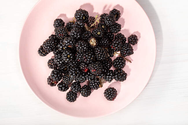 From above fragrant appetizing blackberry in pink plate on white surface — Stock Photo