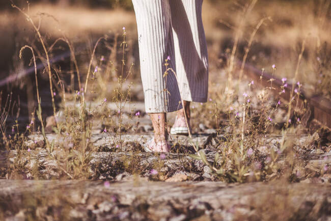 Donna dai capelli lunghi in piedi su ferrovie ricoperte di erba secca — Foto stock