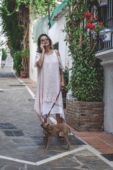 Mujer optimista caminando por la calle estrecha de Marbella sosteniendo a un perro galgo con correa mientras habla por teléfono móvil - foto de stock