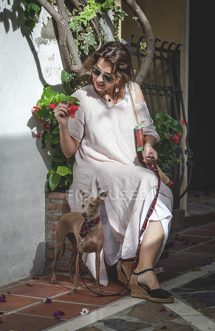 Mulher positiva sentado descansando na rua, segurando flores enquanto segurando cão galgo na trela — Fotografia de Stock