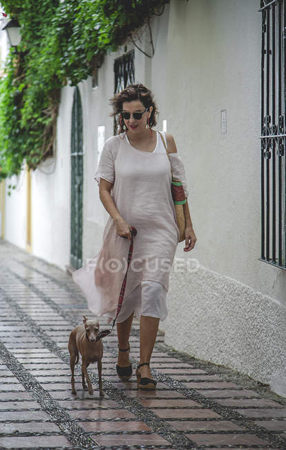 Frau in lässigem Sommerkleid mit Tasche spaziert in Marbella Straße mit italienischem Windhund an der Leine — Stockfoto