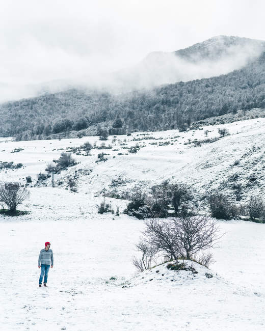 Случайный человек в красной вязаной кепке в полосатом свитере и джинсах ходит по зимнему полю с покрытыми снегом холмами — стоковое фото