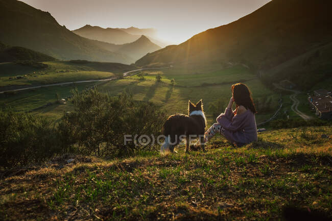 Touriste adulte avec chien contre vallée boisée verte sous un ciel clair en été — Photo de stock
