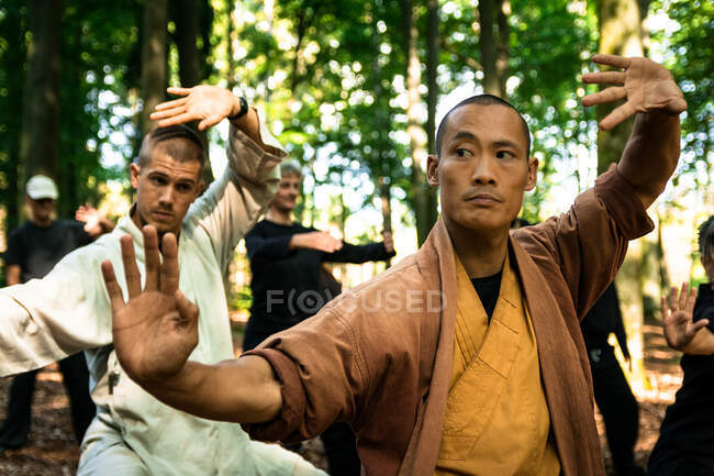 Asiatique arts martiaux instructeur groupe d'enseignement dans la forêt — Photo de stock