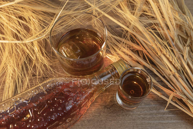 Garrafa com bebida e tiros na mesa em mesa rústica — Fotografia de Stock