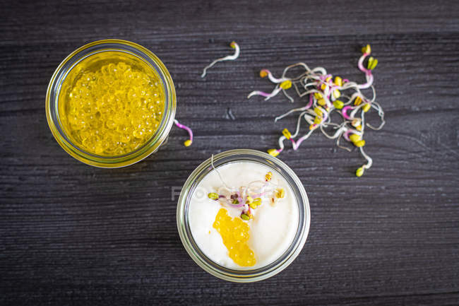 Зверху здоровий смачний мус з козячого сиру, карамелізована цибуля та оливкова ікра в скляній мисці — стокове фото