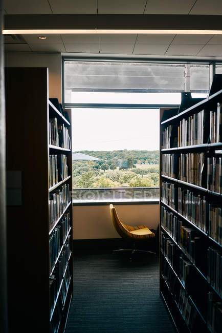 Книжные полки в комнате с удобным стулом рядом с окном в библиотеке Техаса — стоковое фото
