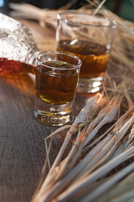 Bottle with beverage and shots on table — Stock Photo