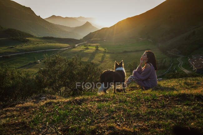 Touriste adulte avec chien contre vallée boisée verte sous un ciel clair en été — Photo de stock