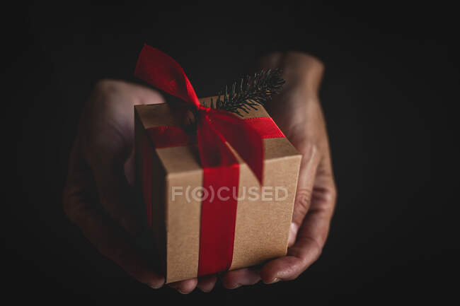 Persona de la cosecha mostrando regalo de Navidad - foto de stock