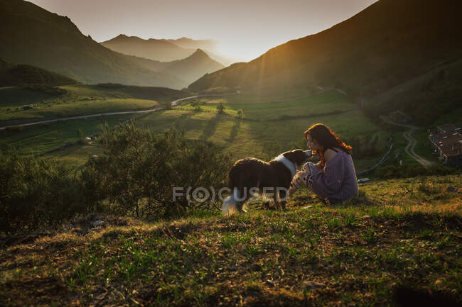 Turista adulto con cane contro la verde valle boscosa sotto il cielo limpido in estate — Foto stock