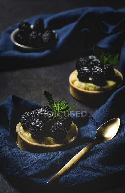 Homemade small cakes with blackberries and delicious cream of vanilla and mint on dark background — Stock Photo