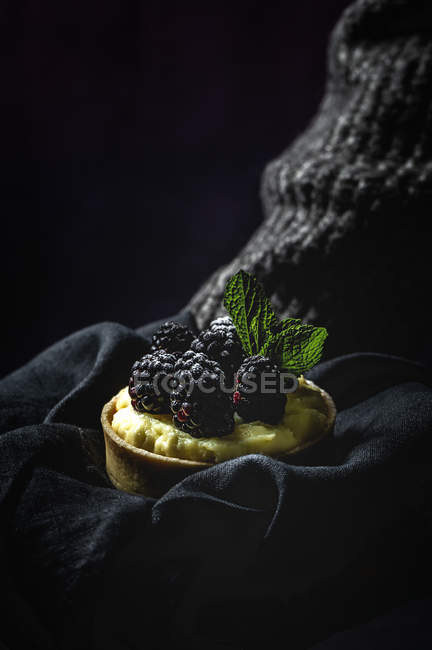 Bolo pequeno caseiro com amoras e delicioso creme de baunilha e hortelã em toalha escura — Fotografia de Stock