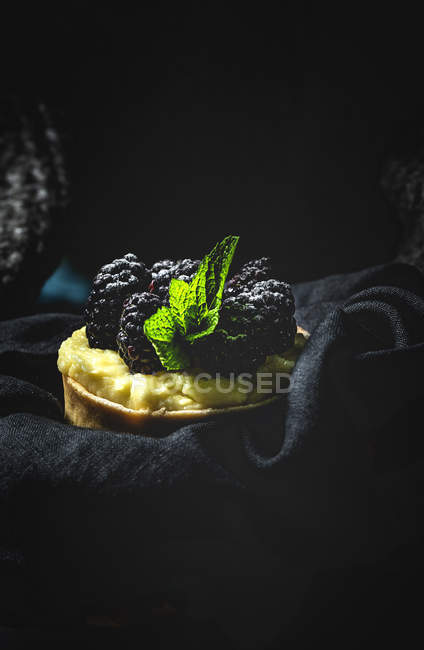 Bolo pequeno caseiro com amoras e delicioso creme de baunilha e hortelã em toalha escura — Fotografia de Stock