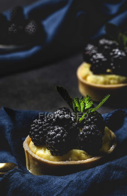 Крупный план домашнего пирога с ежевикой и вкусными сливками ванили и мяты на тёмном фоне — стоковое фото
