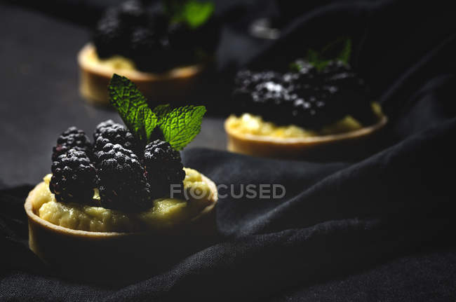 Close-up of homemade small cakes with blackberries and delicious cream of vanilla and mint on dark background — Stock Photo