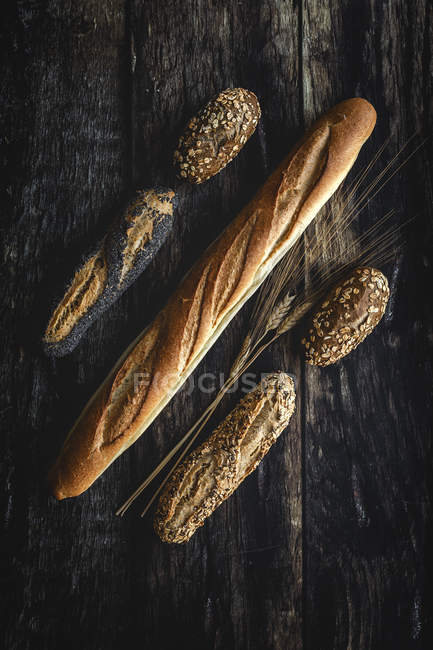 Flat lay of Gold assortment homemade bread on dark wooden background — Stock Photo