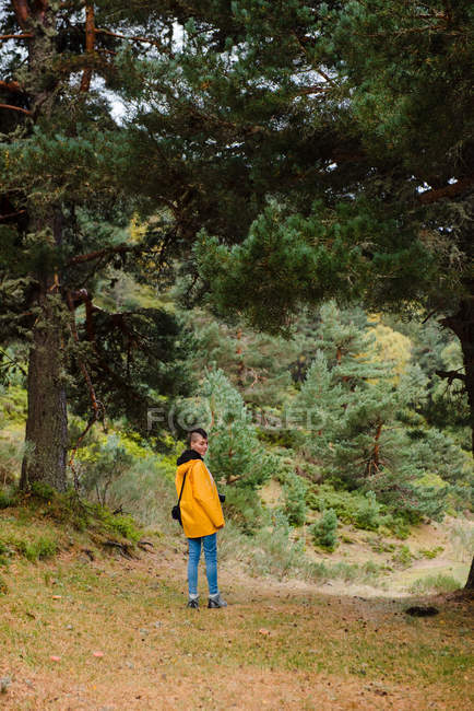 Femme en imperméable jaune marchant en forêt — Photo de stock