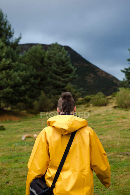 Rückansicht einer Frau im gelben Regenmantel, die im Wald spazieren geht — Stockfoto