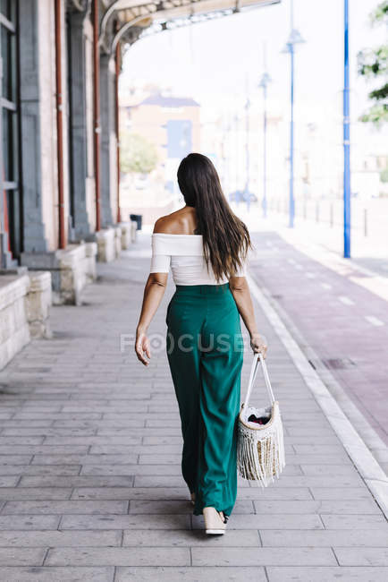 Задний вид элегантной уверенной в себе деловой женщины, идущей по улице, несущей кошелек — стоковое фото