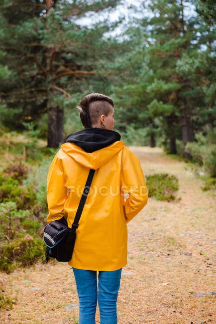 Back view of woman in yellow raincoat walking in forest — Stock Photo