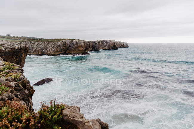 Rocky overgrown of plants seashore with waves and cloudy sky — Stock Photo