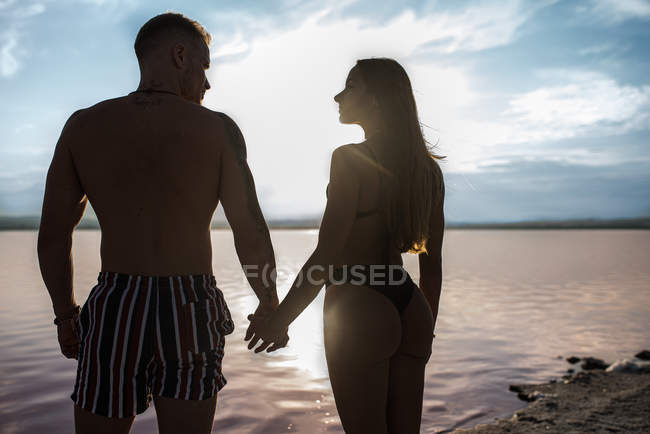 Зворотний бік щасливої пари в плавальному костюмі, яка стоїть і дивиться один на одного, тримаючись за руки на пляжі рожевого озера в Торрев 