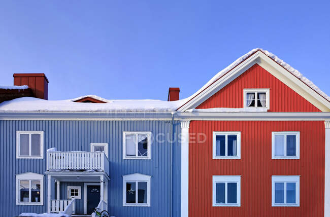 Casa blu e rossa con tetto innevato situato vicino all'albero senza foglie nella soleggiata giornata invernale nel villaggio — Foto stock