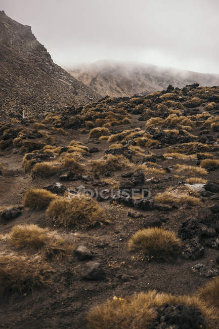 Terrain rocheux avec ciel nuageux à Tongariro en Nouvelle-Zélande — Photo de stock
