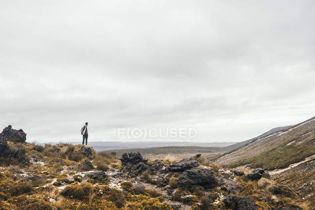 Voyageur profitant d'une vue sur un terrain rocheux avec ciel nuageux en Nouvelle-Zélande — Photo de stock