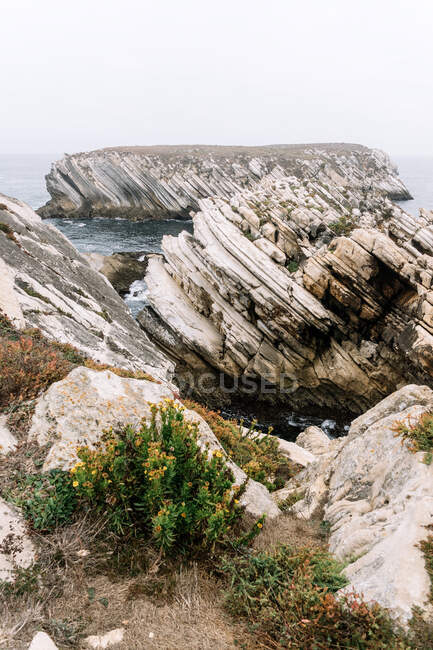 Formaciones rocosas en la isla de Baleal en la costa atlántica en un día de niebla. Peniche, Portugal - foto de stock